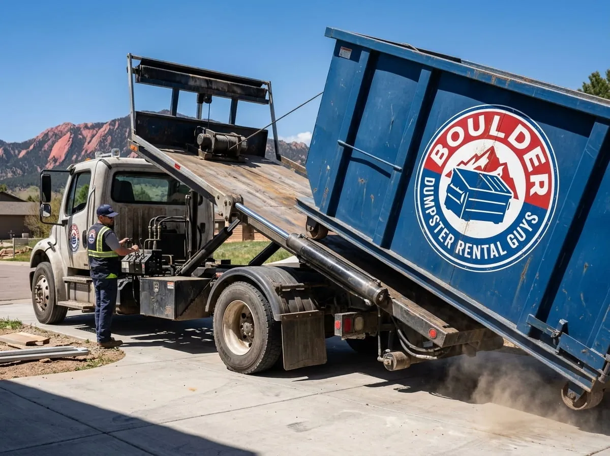 Boulder Dumpster Rental Guys team member beside a roll-off dumpster in Boulder, CO