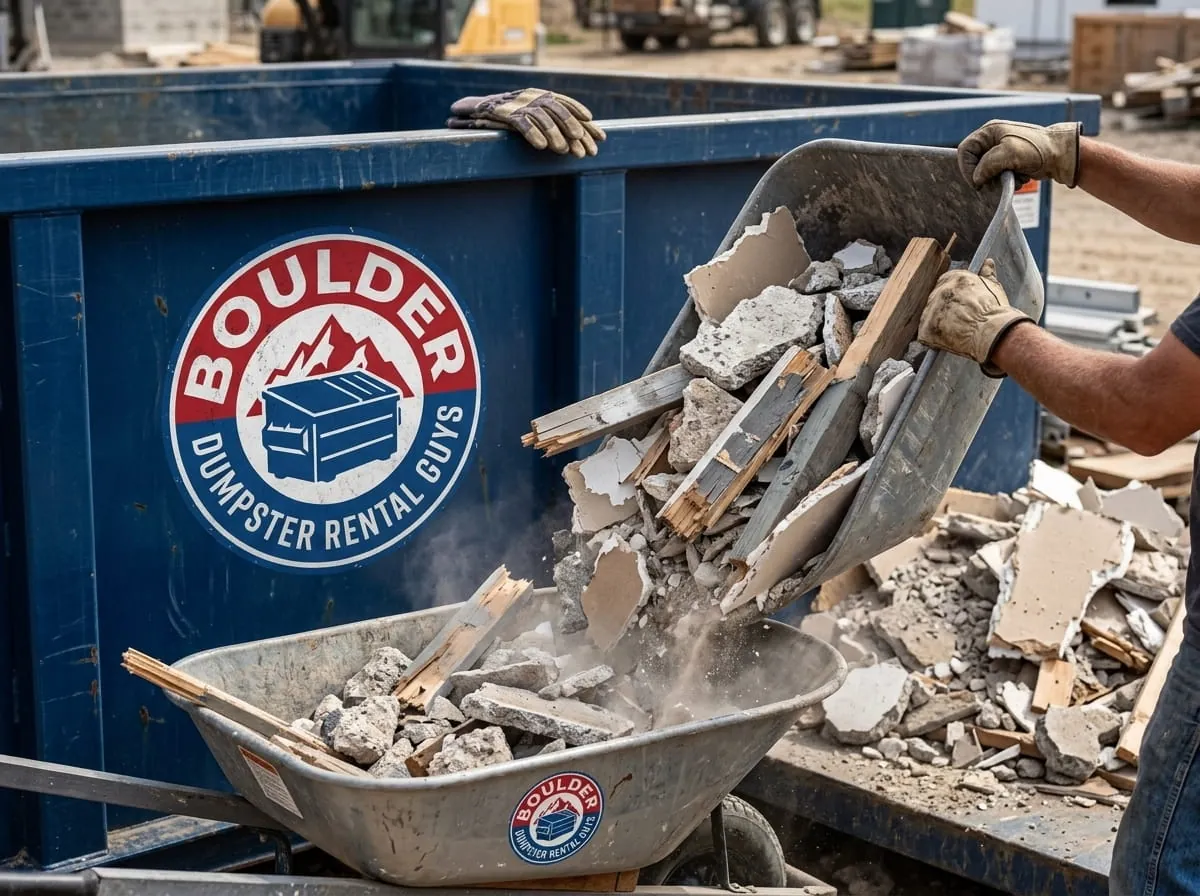Worker beside a commercial roll-off dumpster from Boulder Dumpster Rental Guys in Boulder, CO