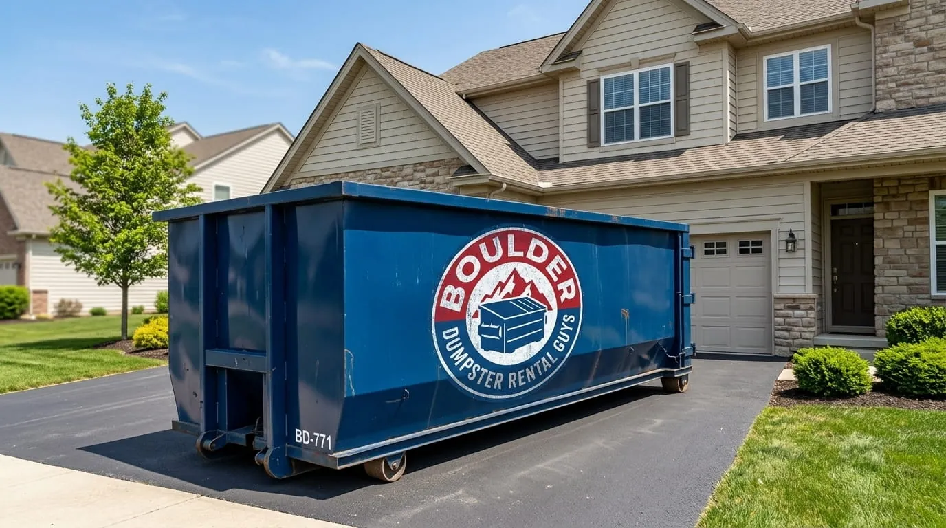 Boulder Dumpster Rental Guys truck delivering a roll-off dumpster to a Boulder CO driveway
