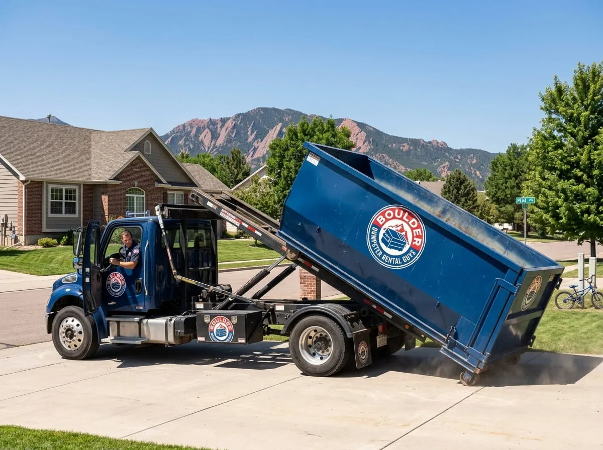 30 yard dumpster being delivered to a Boulder CO construction site