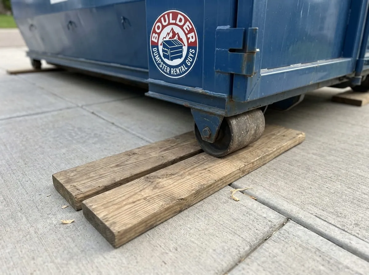 Heavy demolition dumpster being loaded onto a truck in Boulder, CO